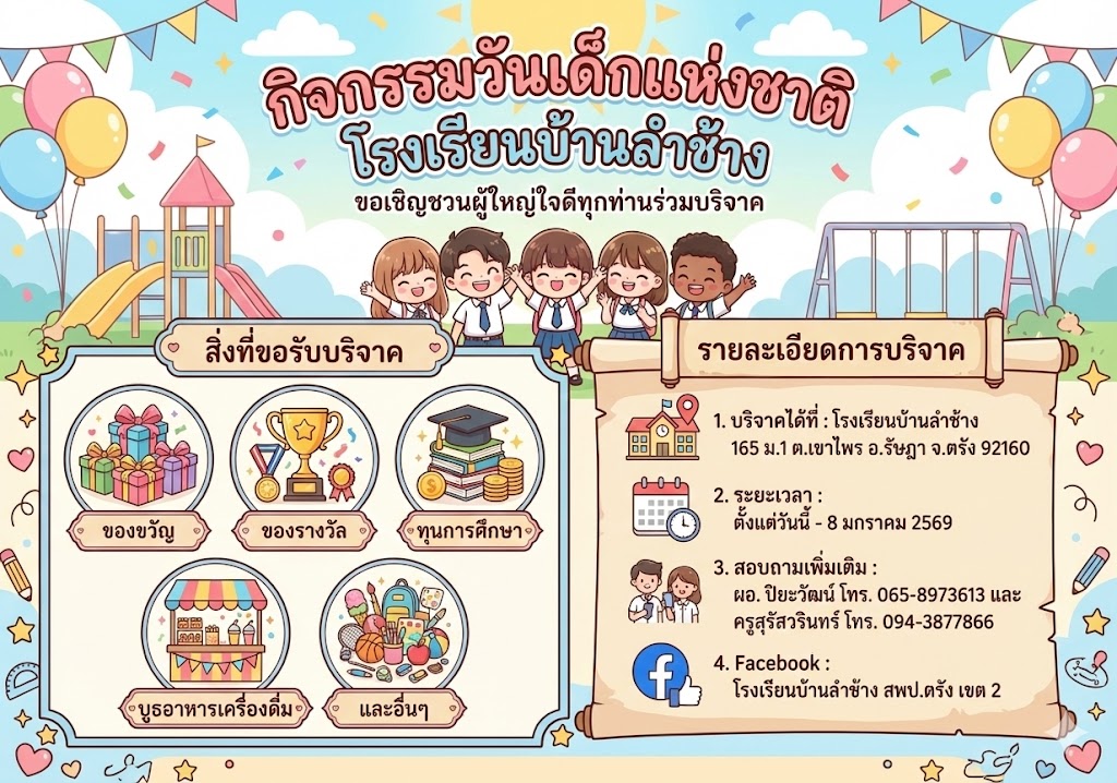 โรงเรียนบ้านลำช้างขอเชิญชวนผู้ใหญ่ใจดีทุกท่านร่วมบริจาคเนื่องในกิจกรรมวันเด็กแห่งชาติ