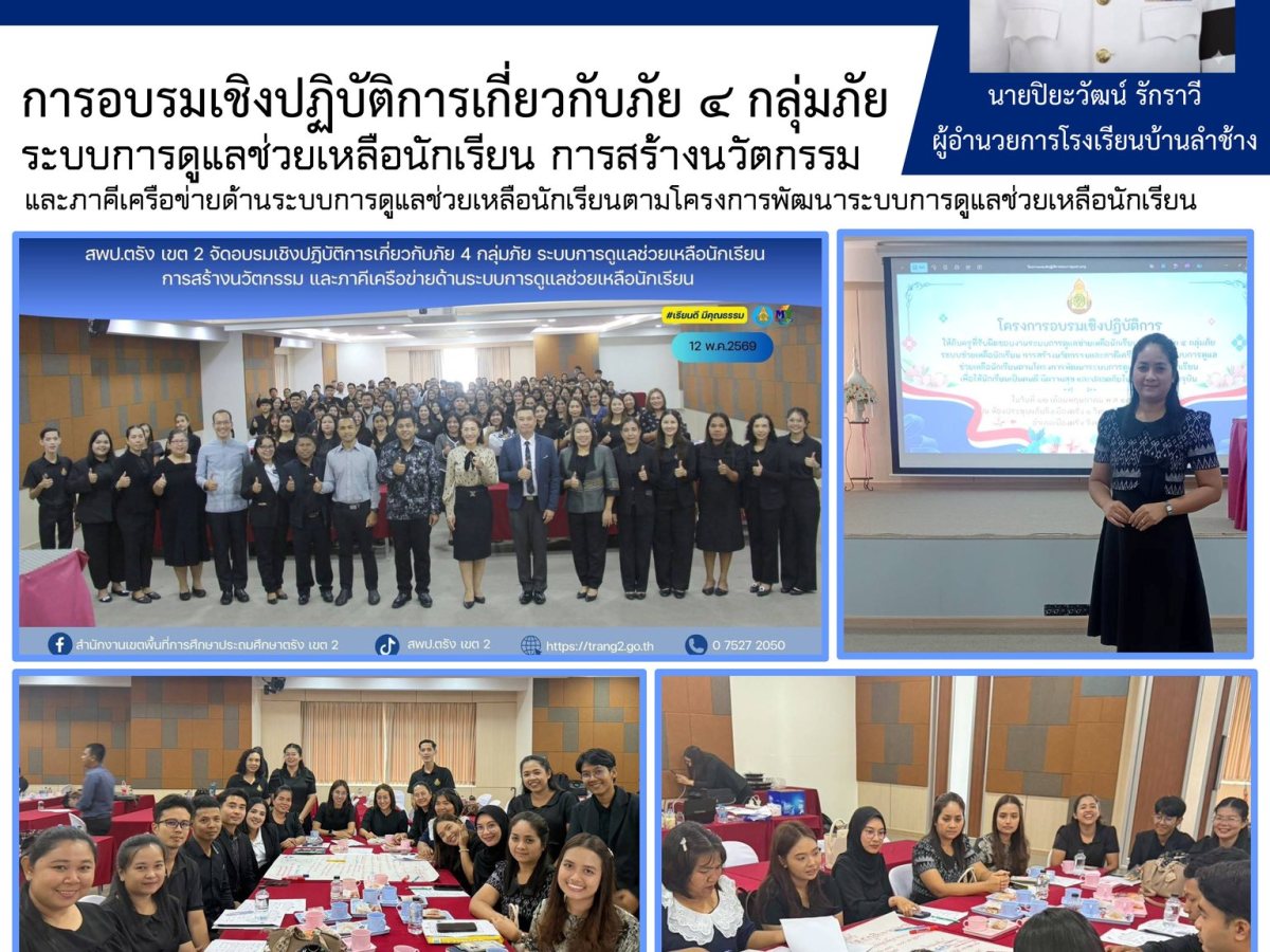 การอบรมเชิงปฏิบัติการเกี่ยวกับภัย ๔ กลุ่มภัย ระบบการดูแลช่วยเหลือนักเรียน การสร้างนวัตกรรม และภาคีเครือข่ายด้านระบบการดูแลช่วยเหลือนักเรียนตามโครงการพัฒนาระบบการดูแลช่วยเหลือนักเรียน