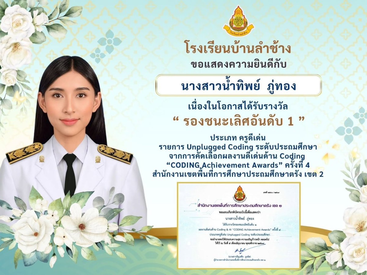 ขอแสดงความยินดีกับ นางสาวน้ำทิพย์ ภู่ทอง เนื่องในโอกาสได้รับรางวัล ” รองชนะเลิศอันดับ 1 ” ประเภท ครูดีเด่น รายการ Unplugged Coding ระดับประถมศึกษา จากการคัดเลือกผลงานดีเด่นด้าน Coding “CODING Achievement Awards” ครั้งที่ 4 สำนักงานเขตพื้นที่การศึกษาประถมศึกษาตรัง เขต&nbsp;2