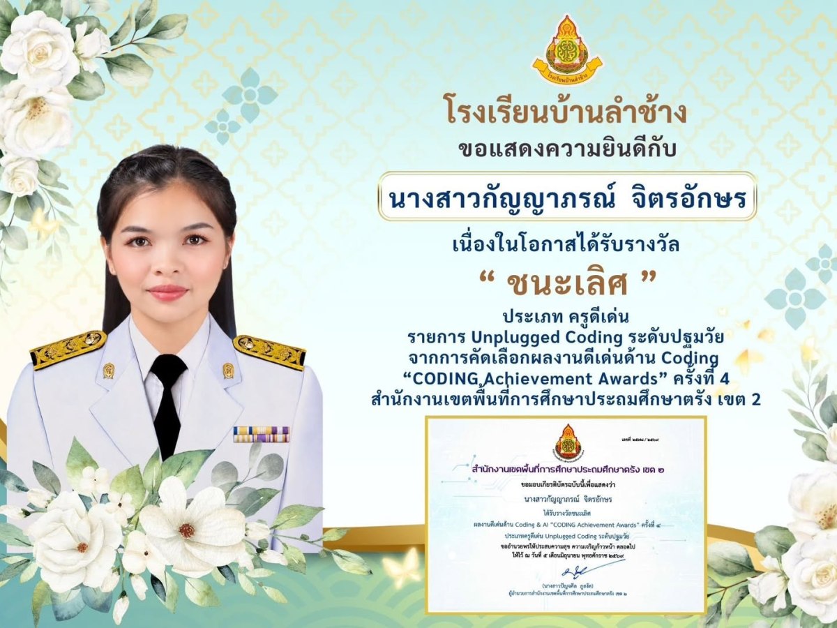 ขอแสดงความยินดีกับนางสาวกัญญาภรณ์ จิตรอักษร เนื่องในโอกาสได้รับรางวัล ” ชนะเลิศ ” ประเภท ครูดีเด่น รายการ Unplugged Coding ระดับปฐมวัย จากการคัดเลือกผลงานดีเด่นด้าน Coding “CODING Achievement Awards” ครั้งที่ 4สำนักงานเขตพื้นที่การศึกษาประถมศึกษาตรัง เขต&nbsp;2